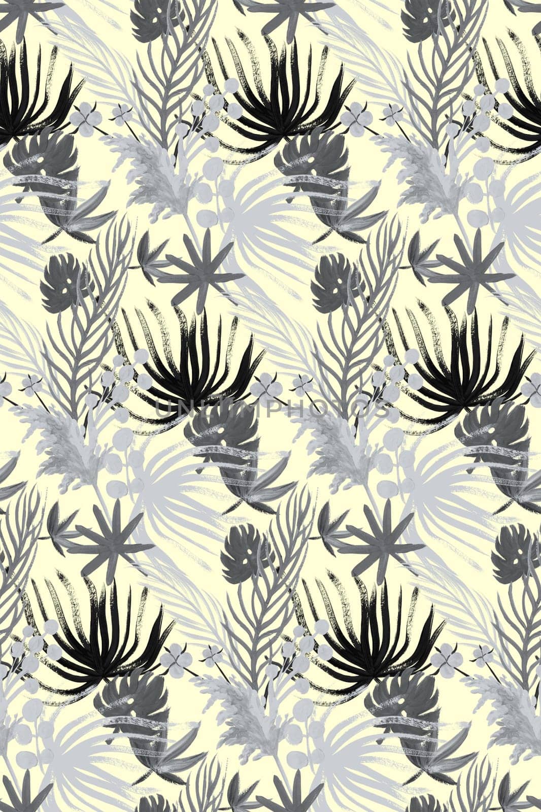 Monochrome textile seamless pattern with tropical dried flowers in black and white by MarinaVoyush