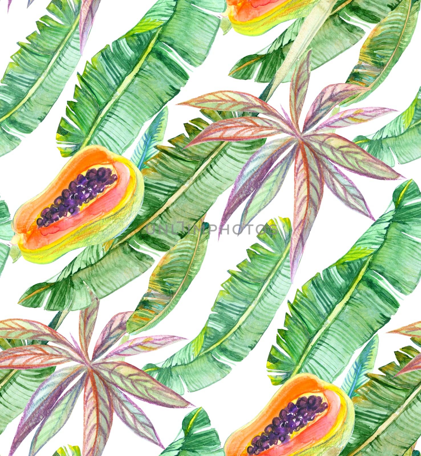 summer print with papaya and banana leaves painted with watercolors by MarinaVoyush