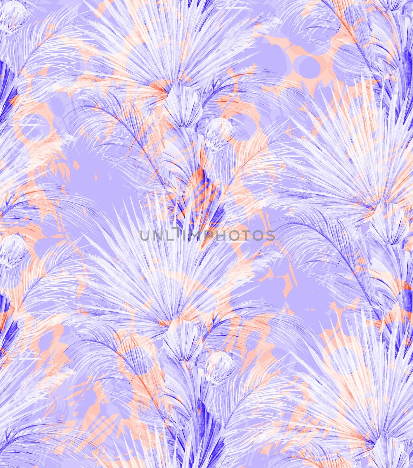 Mix of seamless tropical pattern with palm and monstera leaves and purple silhouettes of a bouquet of eucalyptus branches for summer textiles and surface design