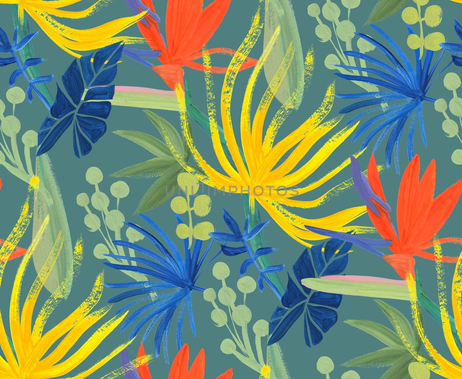 bright seamless pattern with multicolored tropical flowers and leaves by MarinaVoyush