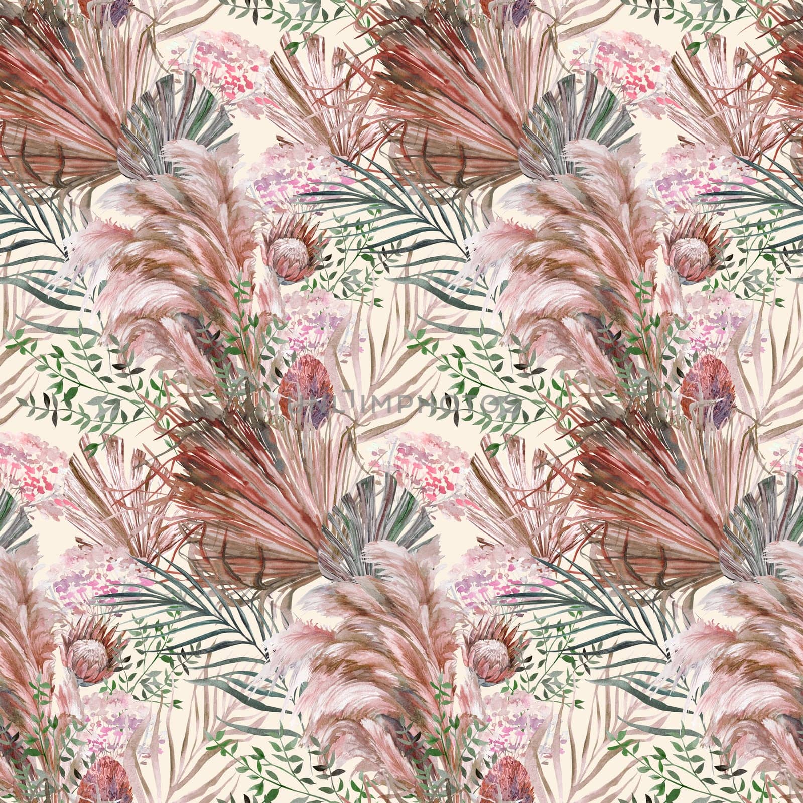 Watercolor seamless pattern with a herbarium of protea flowers and tropical palm leaves