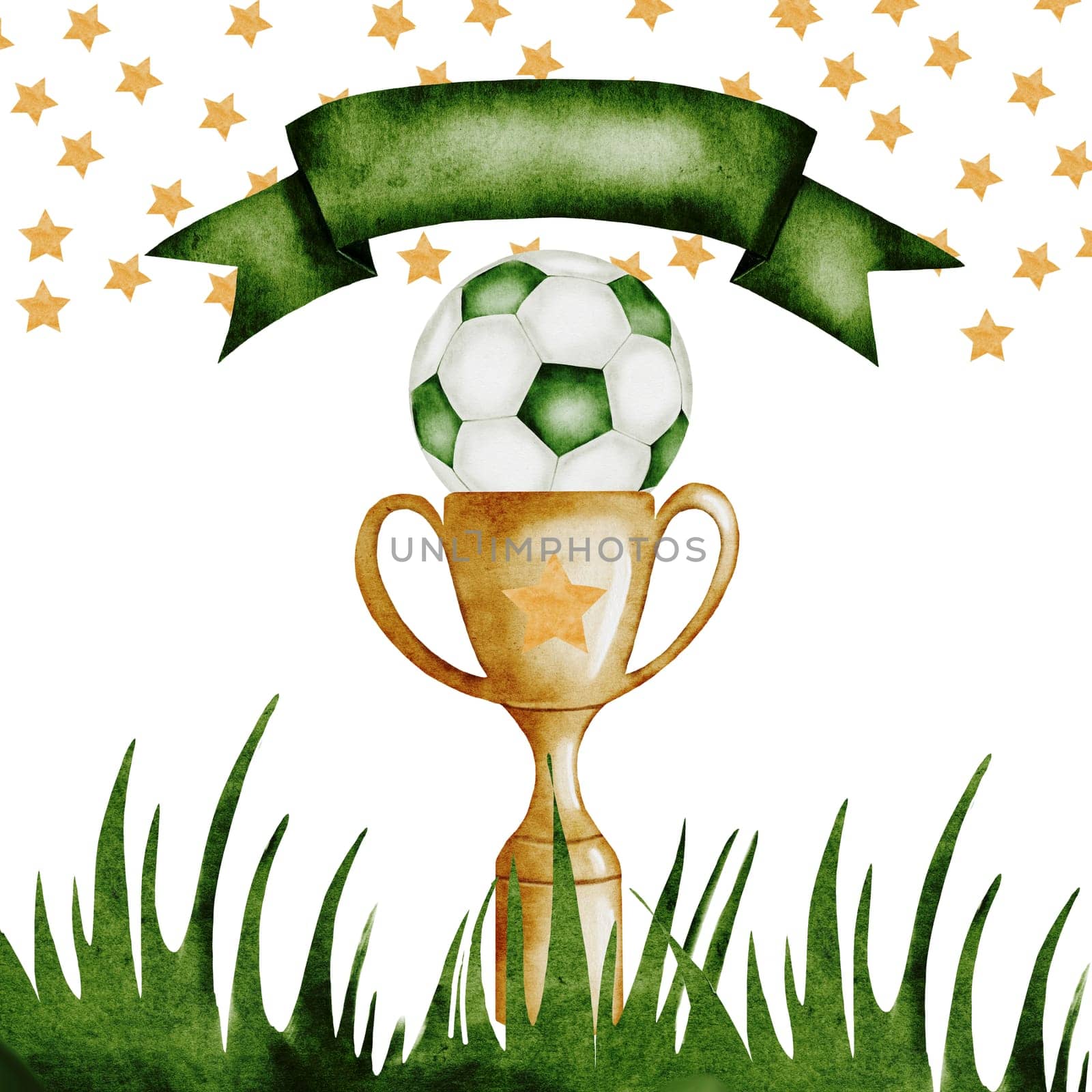 Football Watercolor. Hand drawn composition of a trophy cup, soccer ball, grass and banner with space for inscription. Clip art of championship equipment on isolated white background. Ideal for posters, flyers and game posters. High quality illustration
