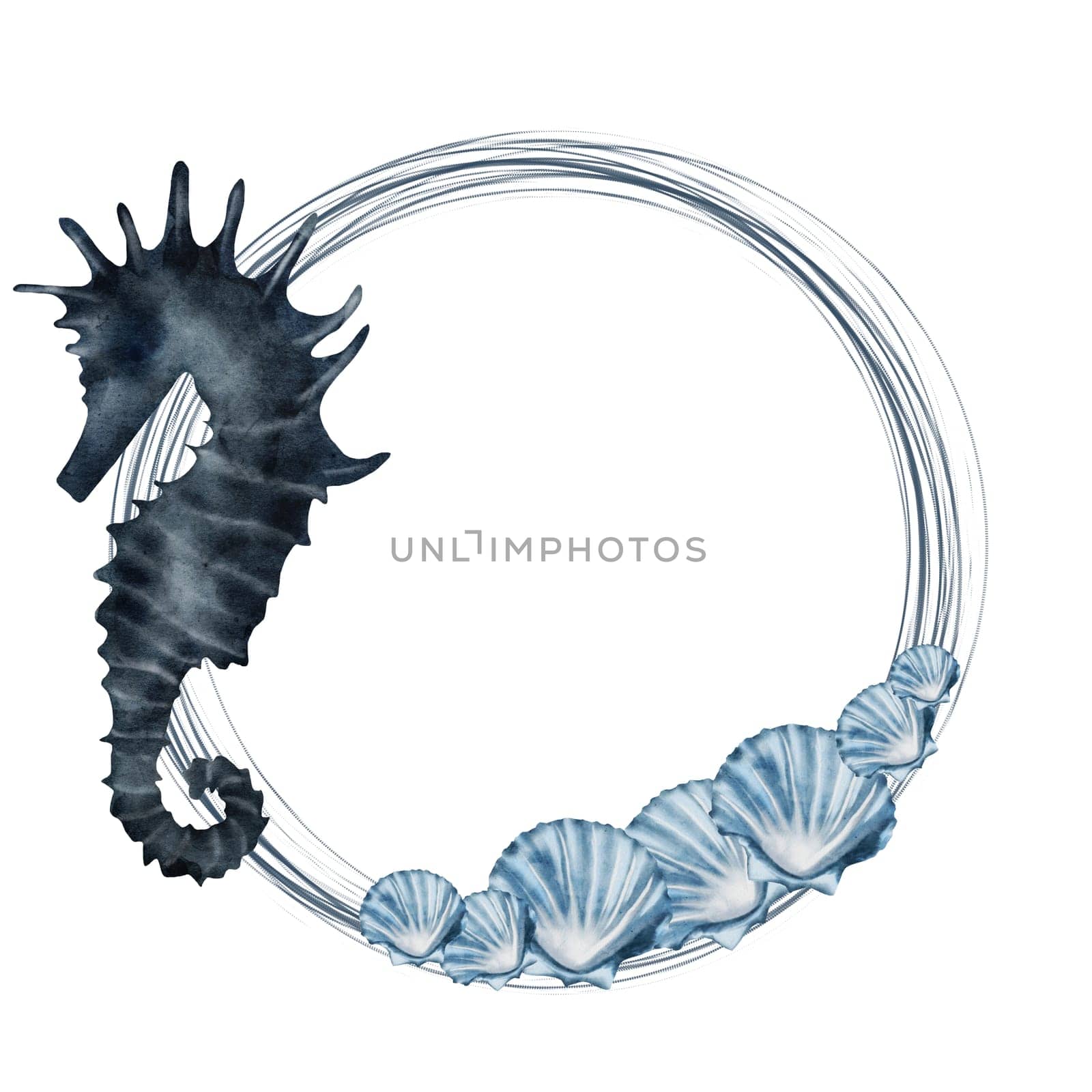 Seahorse and shells watercolor round frame. Hand drawn blue sea animal as frame on isolated white background. Clip art of sea creature on isolated white background. Ideal for cosmetics packaging and bathroom textiles. High quality illustration