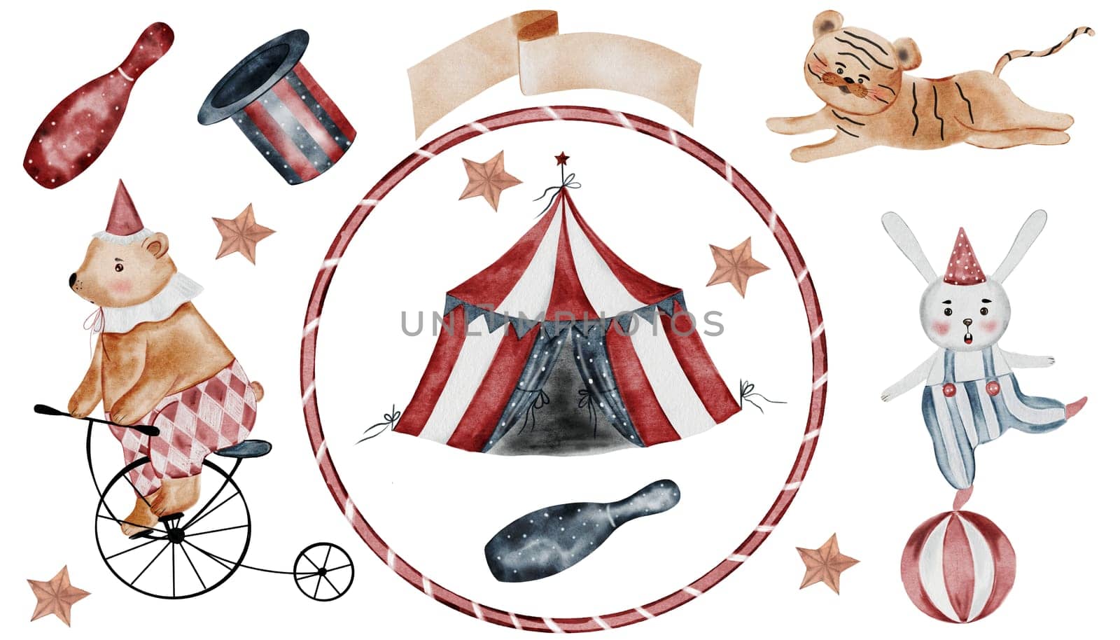 Circus watercolor. Hand drawn big set cute animals on isolated white background. Clip art of bear on bicycle, bunny on ball and tiger cub. Perfect for posters and cards for baby shower. High quality illustration