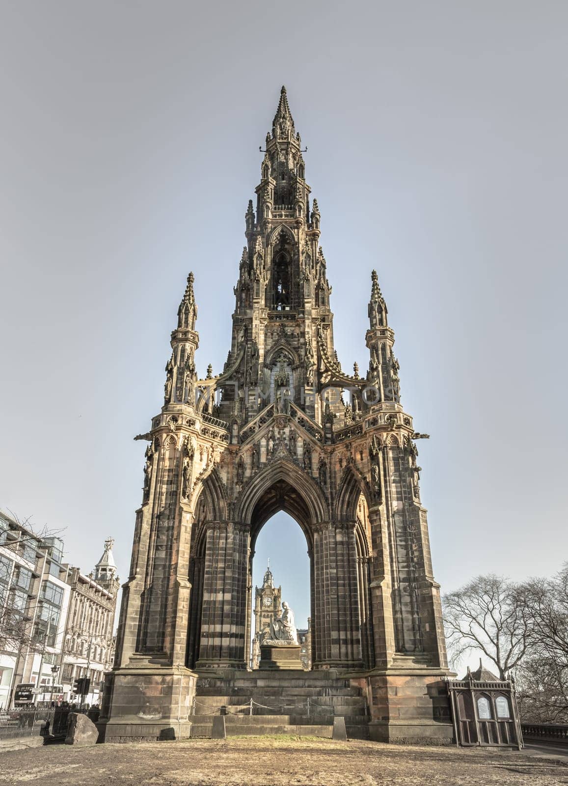 Edinburgh, Scotland - Jan 16, 2024 - A view of The Scott Monument is a Victorian Gothic monument to Scottish author Sir Walter Scott. It is the largest monument to a writer in Princes Street Gardens at the city of Edinburgh. Space for text, Selective focus.
