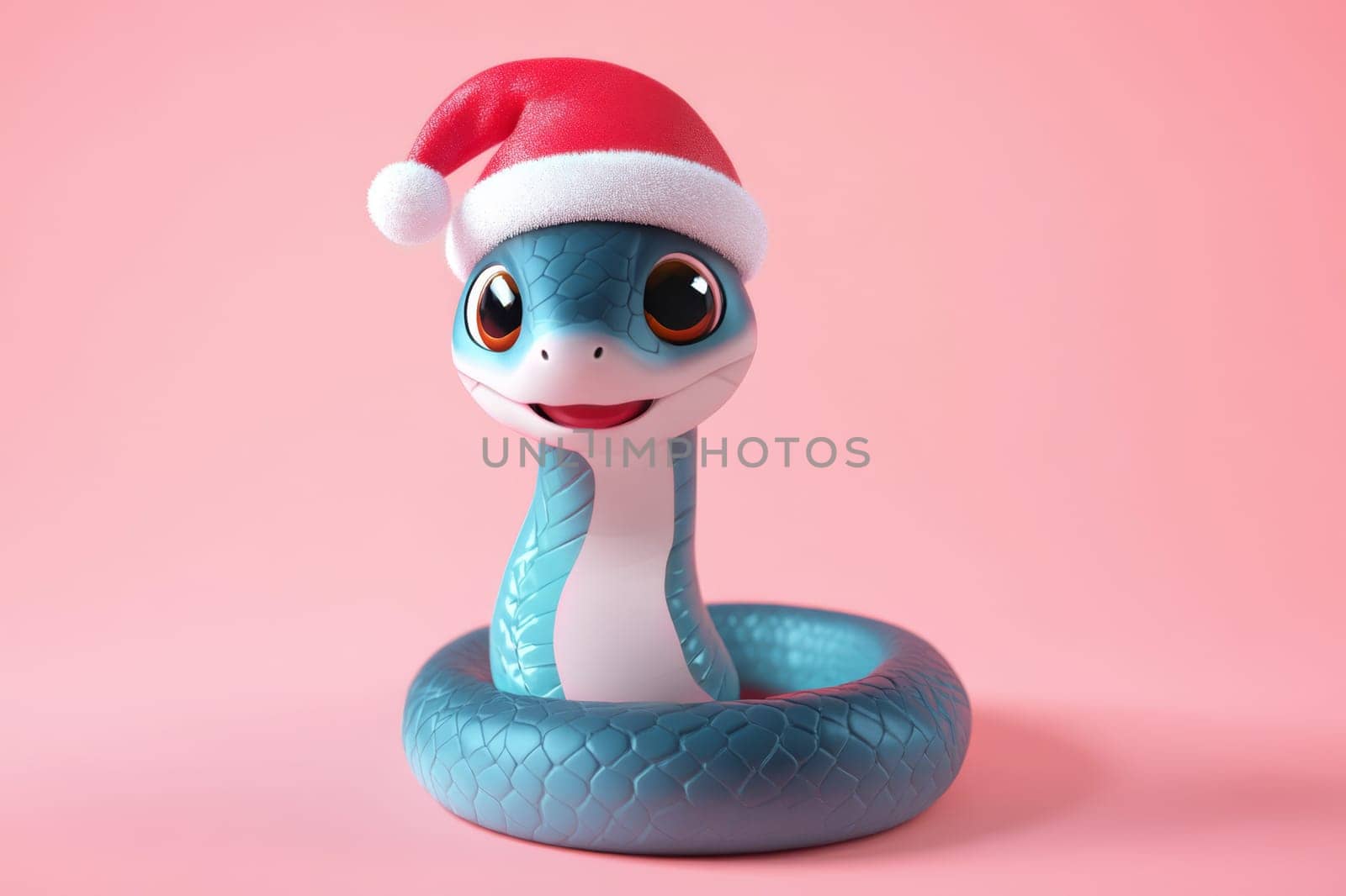 Cartoon blue snake in santa hat on pink background