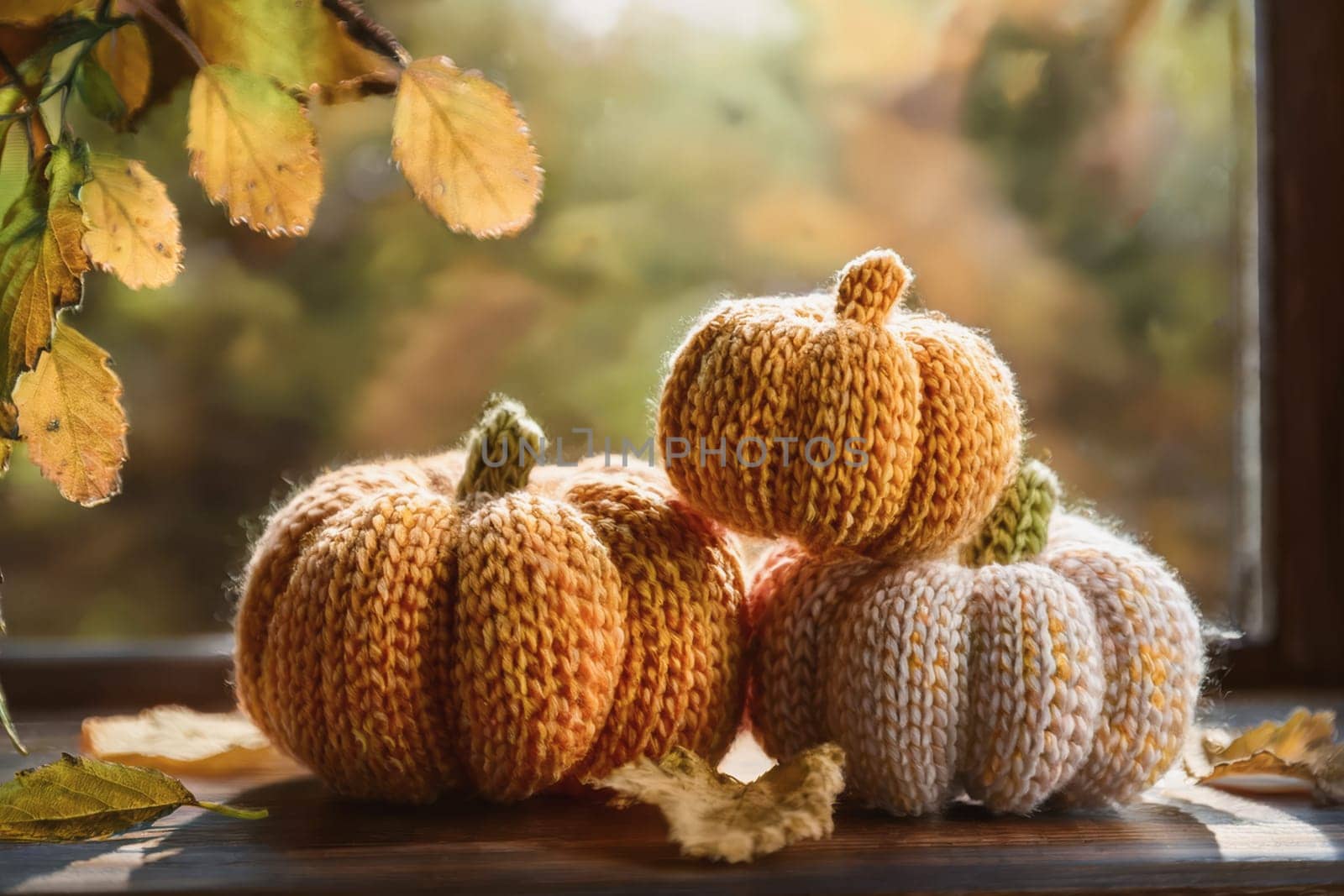 Knitted pumpkins lie on the windowsill by the window. Golden autumn with yellow leaves outside the window