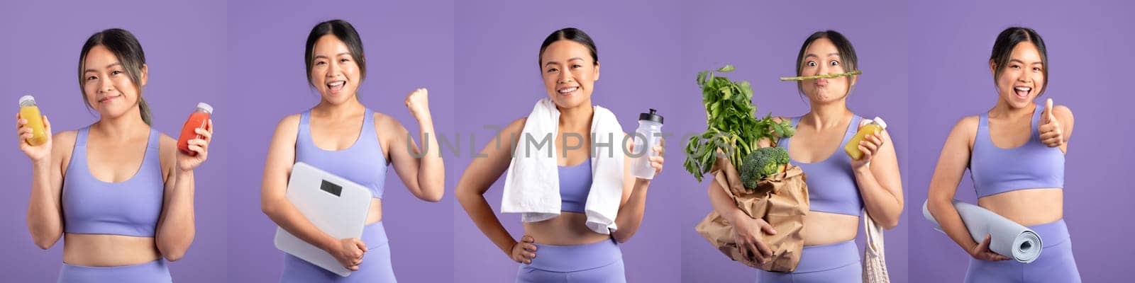 Asian woman displays a variety of health and fitness products, including drinks, a scale, and fresh produce, reflecting her commitment to a healthy lifestyle during an active session.