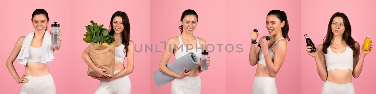 A fit woman stands confidently against a pink backdrop, holding various items like a water bottle, exercise mat, and fresh produce, promoting a healthy lifestyle and fitness routine.