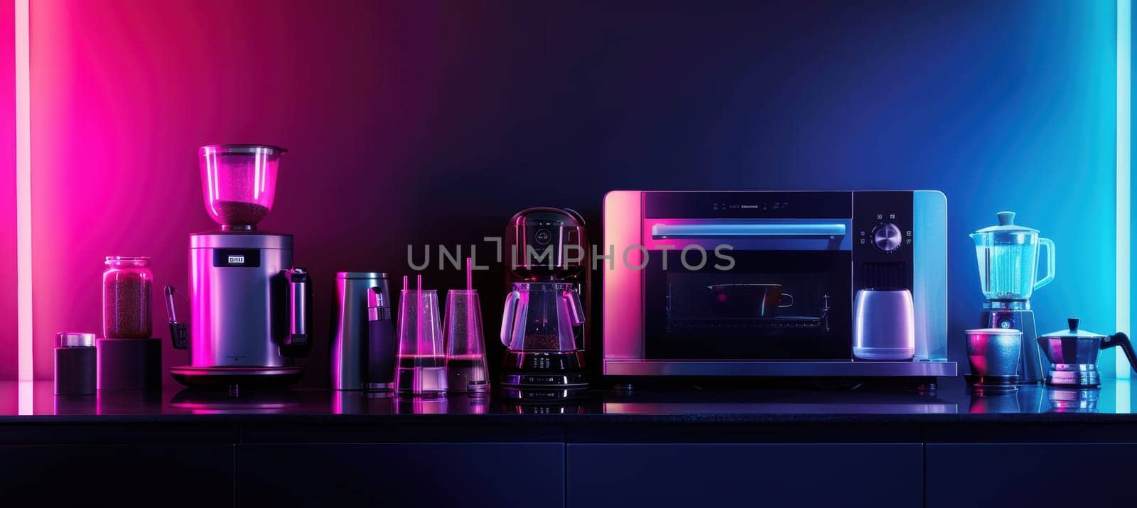Dynamic banner emphasizes cyber week deals with top-selling kitchen appliances including air fryer, espresso machine, blender, and coffee maker. displayed on a sleek black surface accented by subtle neon lights.