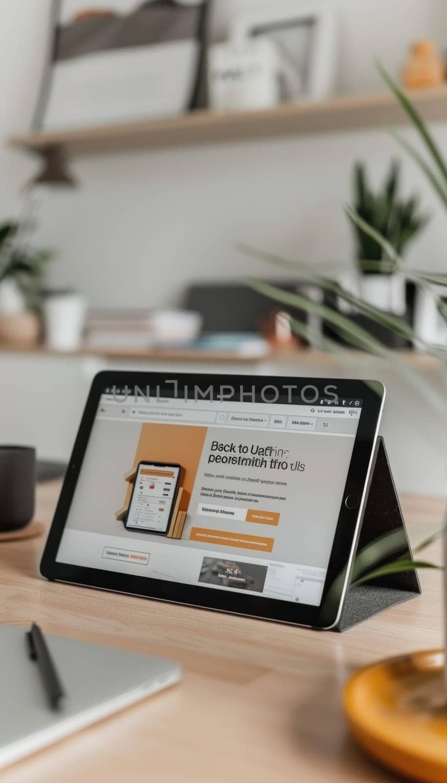 A clean, minimalist desk setup features a tablet showing major black friday sales for office supplies. modern decor and organized workspace elements surround the scene, a productive yet stylish environment.