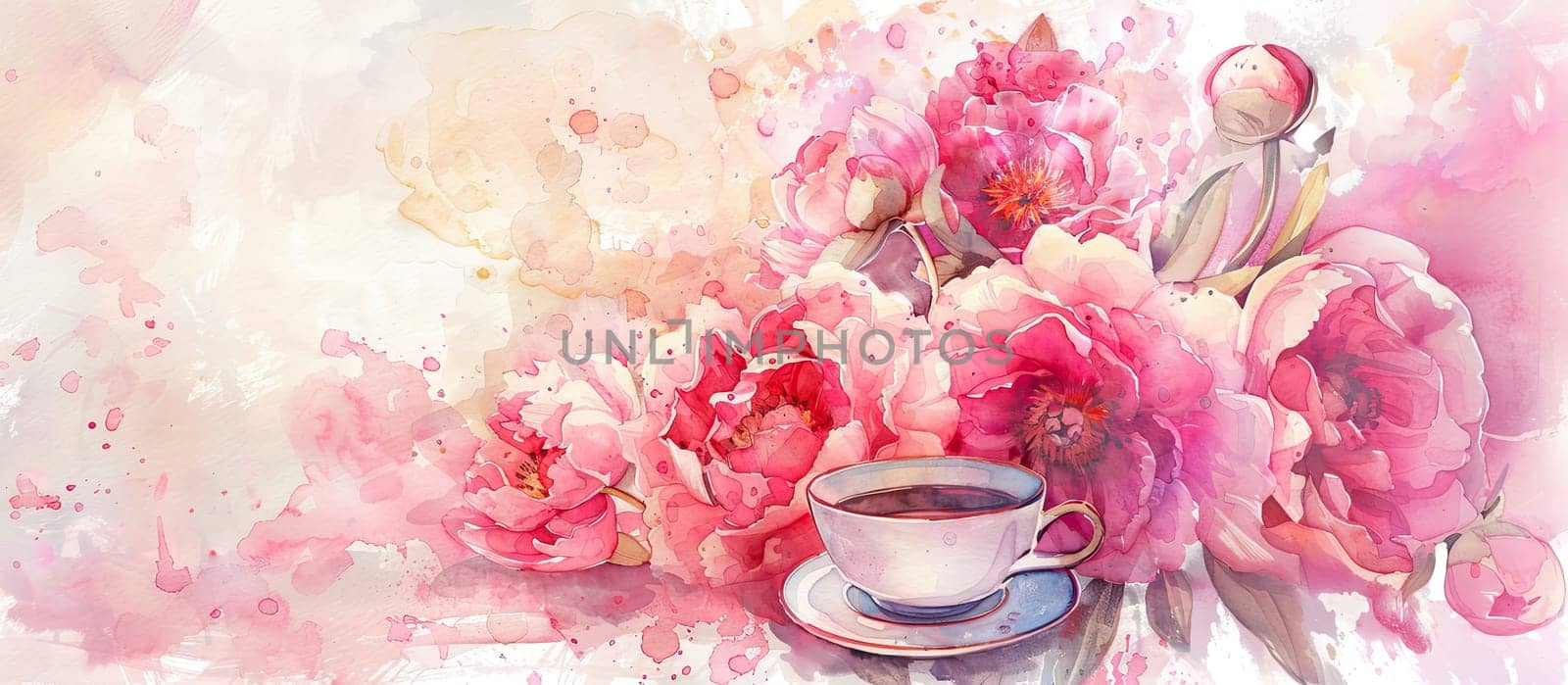 A delicate teacup rests beside a cluster of vibrant pink peonies, creating a tranquil and inviting ambience perfect for a spring morning gathering.