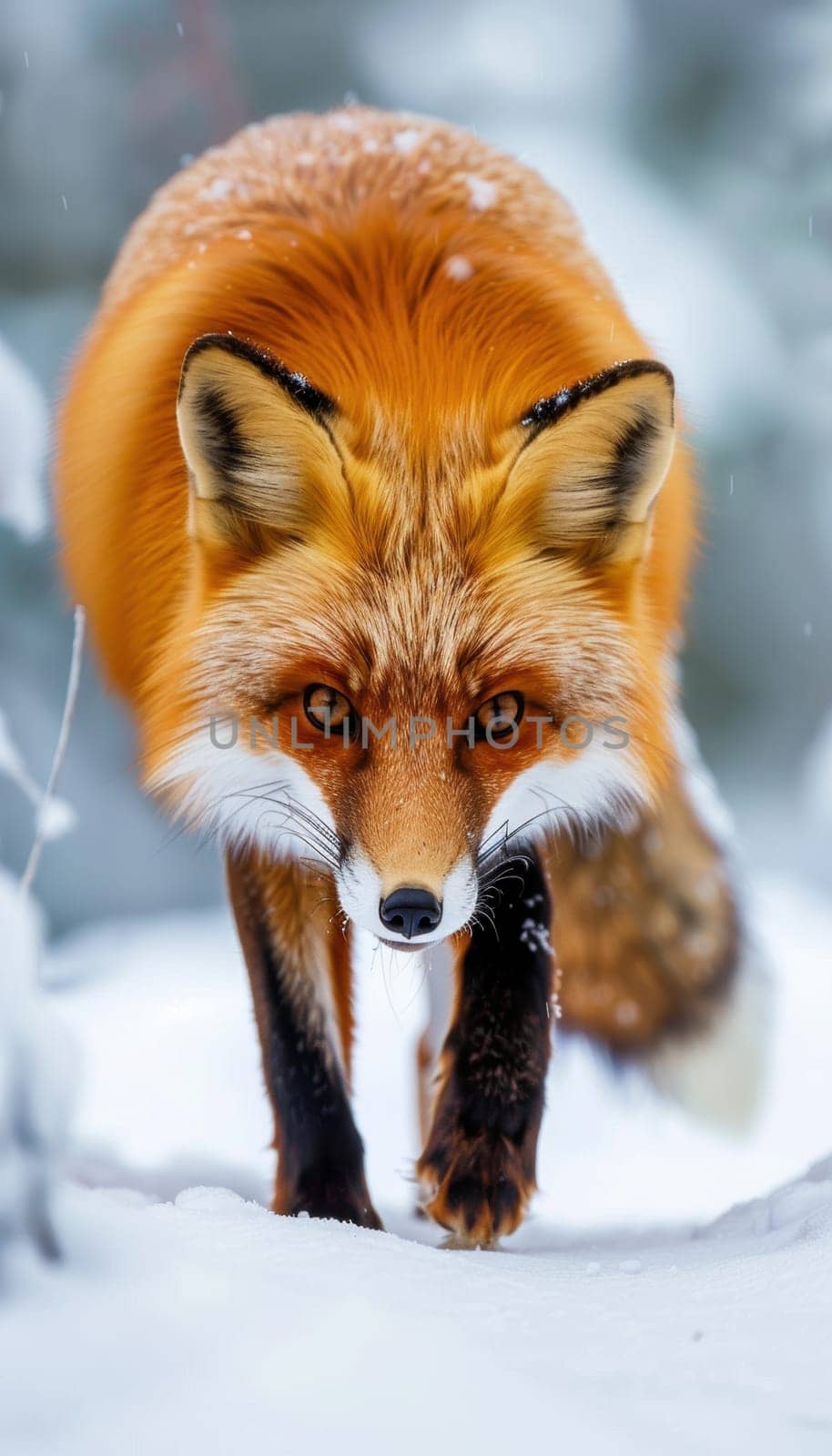 A high-resolution close-up of a red fox navigating through a snowy forest. the fox's intense gaze and the vibrant orange of its fur sharply contrast with the surrounding white snow, creating a striking wildlife composition.
