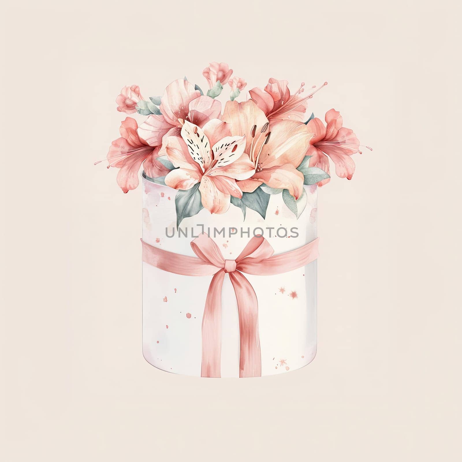 A delicate floral display showcases a variety of soft peach and white flowers arranged in a round white box, beautifully tied with a pink ribbon, perfect for gifting.