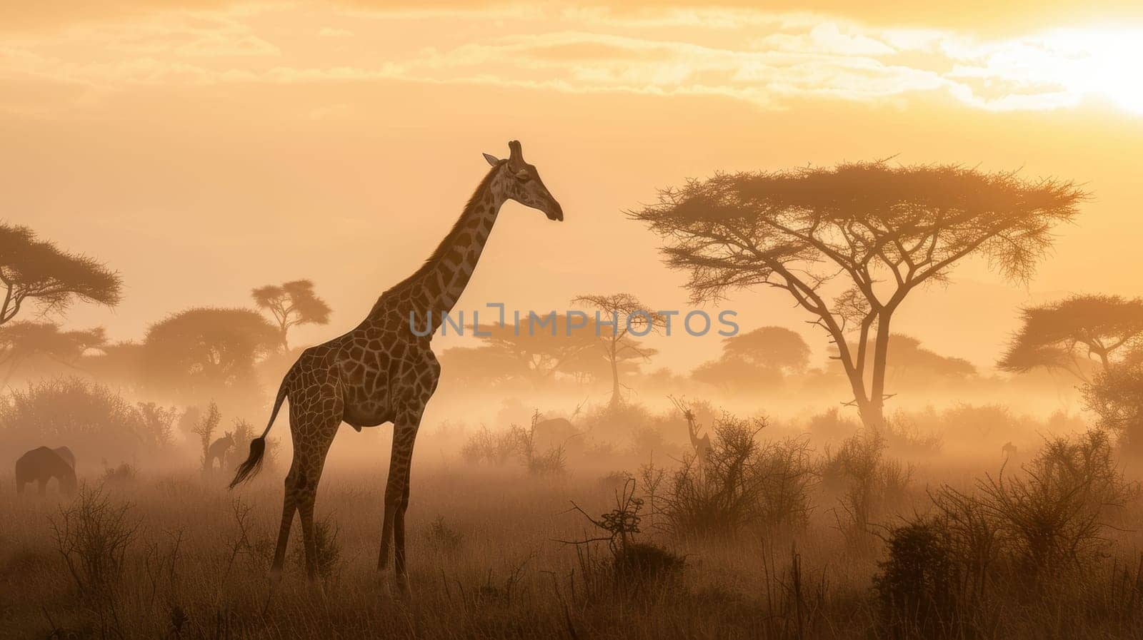 Giraffe standing tall against a backdrop of acacia trees on the african savannah at sunrise. the golden light creates a tranquil silhouette, the vast open landscape and the giraffe's elegance.