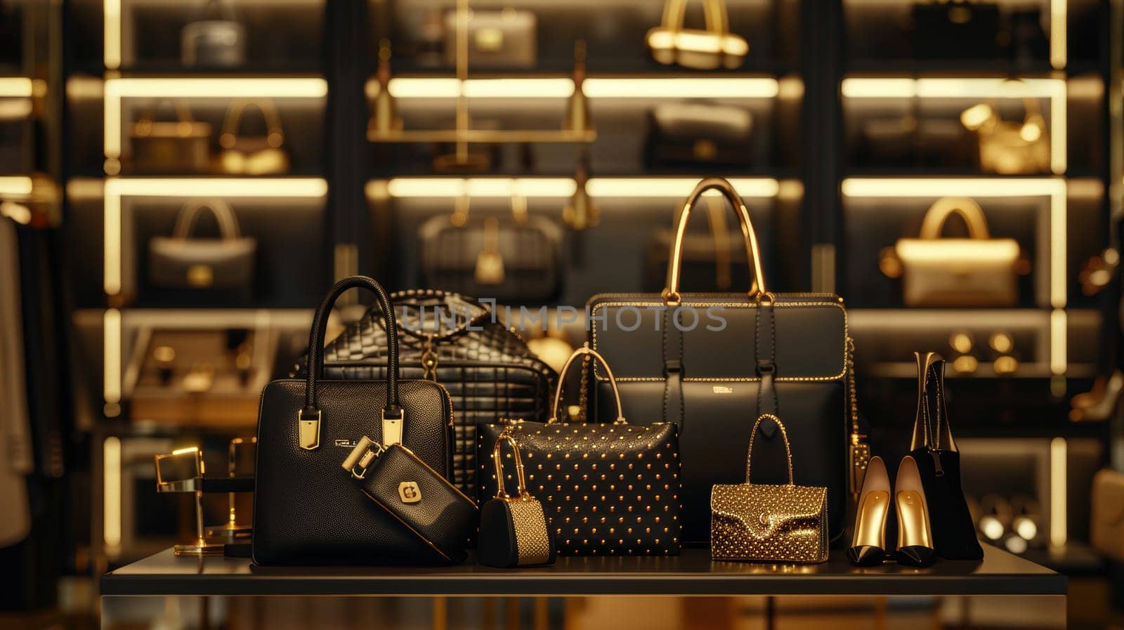 A visually striking poster showcasing fashionable designer handbags, shoes, and accessories set against a boutique backdrop under soft gold lighting. ideal for promotions during cyber week or luxury fashion events.