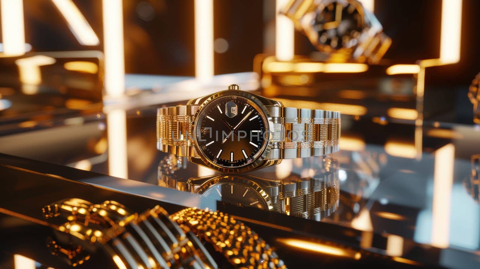 Luxury wristwatches and jewelry elegantly displayed on a glossy, reflective surface illuminated with soft gold and white neon lights. perfect for high-end fashion sales and cyber week promotions.