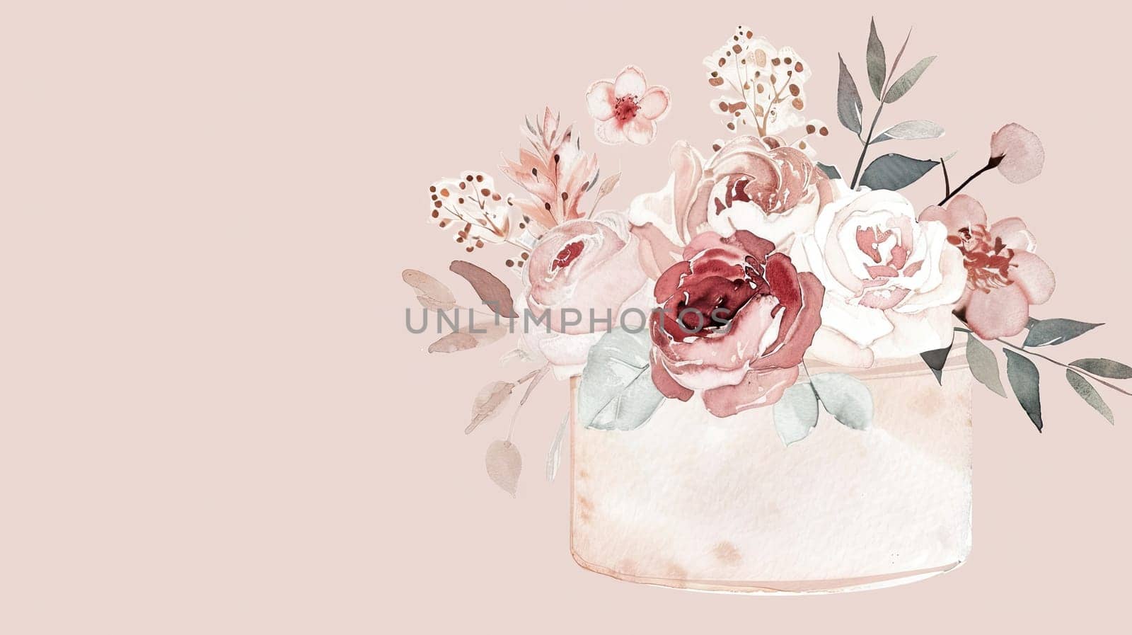 A charming arrangement of watercolor flowers featuring roses and foliage in soft pink hues rests in a round container, perfect for enhancing any decor.