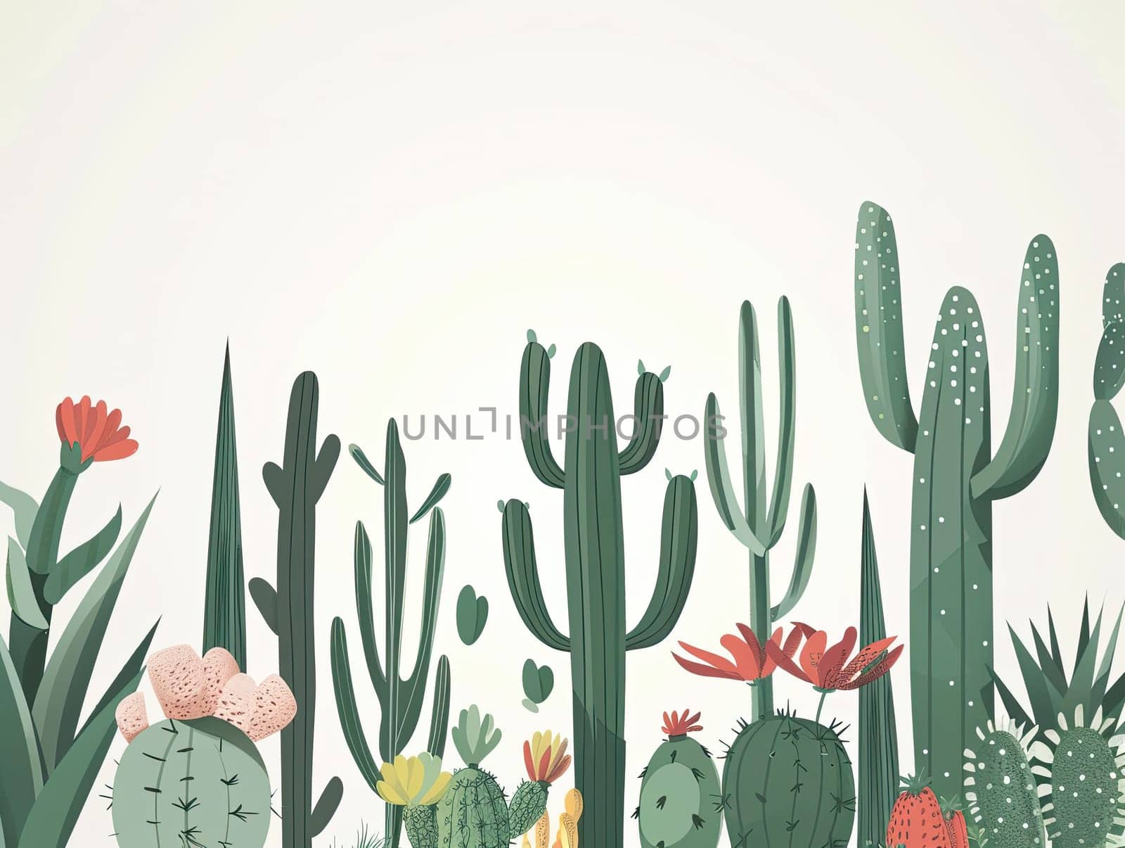 A lively arrangement of cacti and flowering plants showcases diverse shapes and colors, set against a soft backdrop that emphasizes their natural beauty and distinct characteristics.