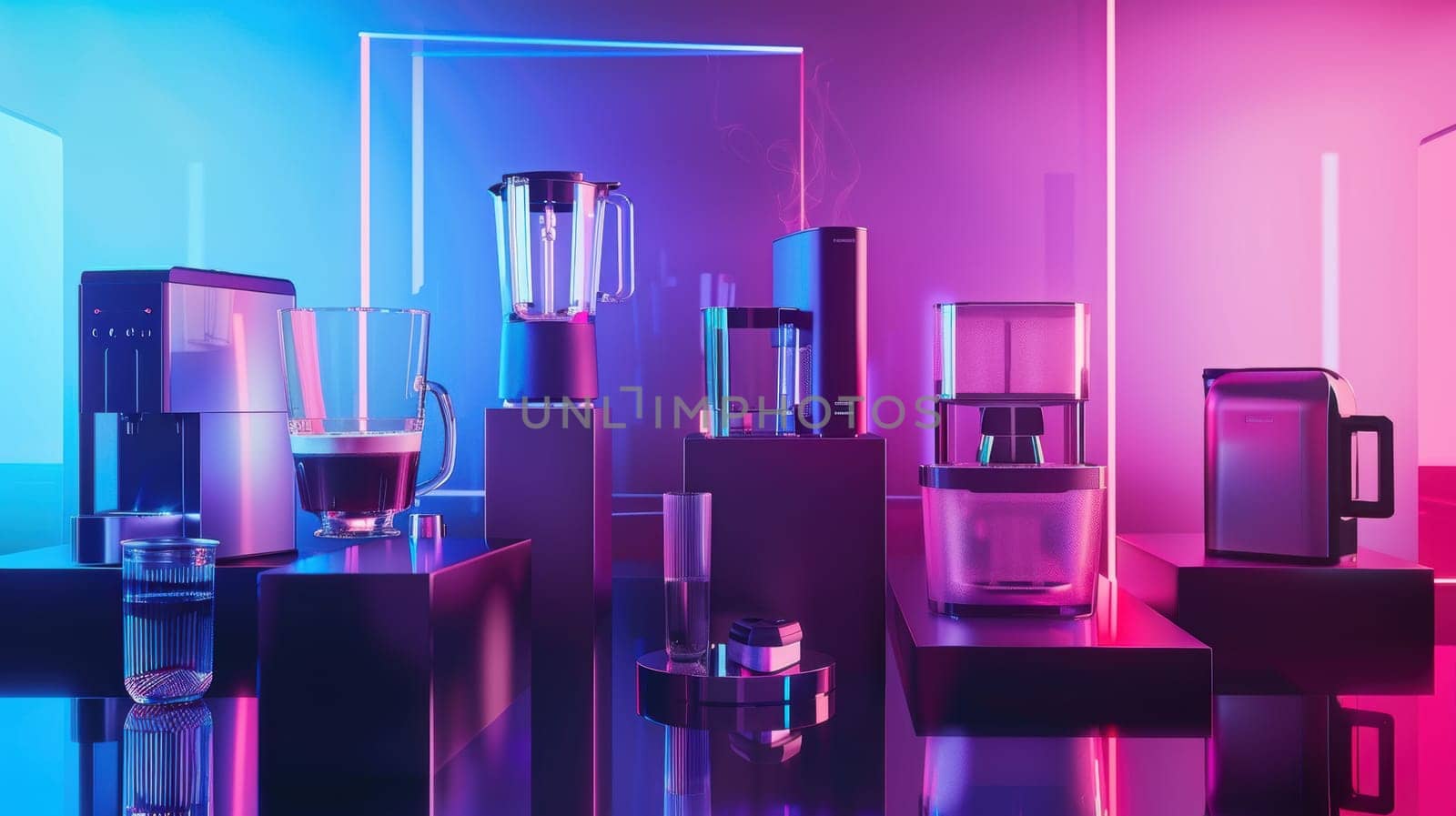 High-end kitchen appliances are elegantly displayed with sleek, reflective surfaces and vibrant neon lighting, creating a modern and innovative ambiance perfect for cyber week promotions. includes coffee machines, blenders, and smart gadgets.