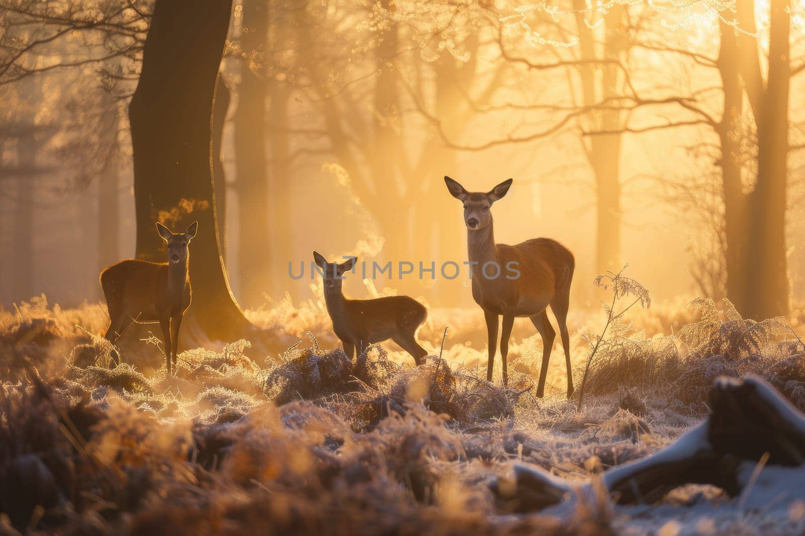 Family of deer standing quietly in a forest clearing at dawn with their breath visible in the cold morning air. the serene atmosphere is enhanced by the soft light and magical mist, creating a palpable sense of tranquility.