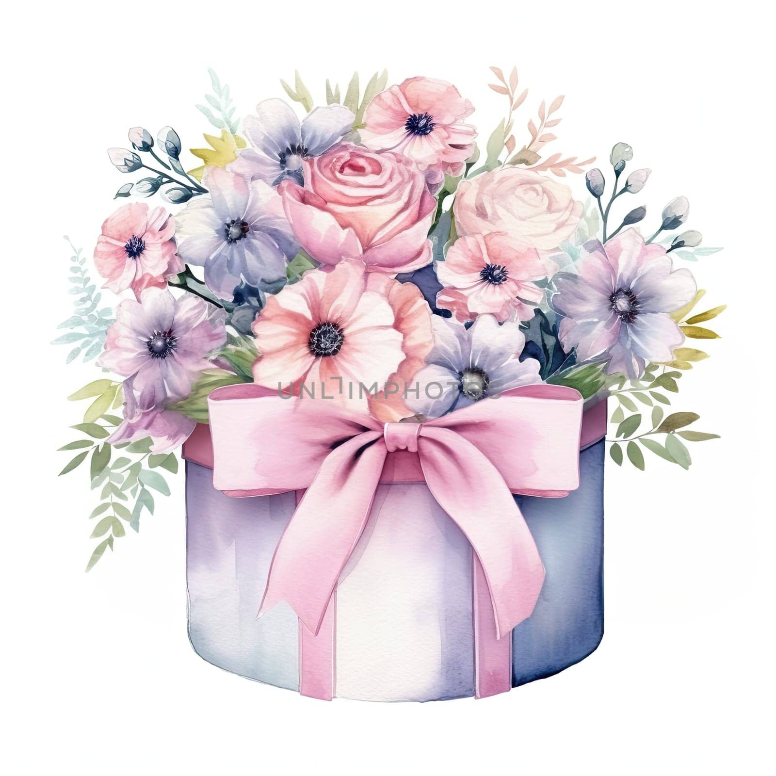A vibrant arrangement of soft pink roses and delicate flowers in a circular box, accented with a cheerful pink ribbon, perfect for any occasion.