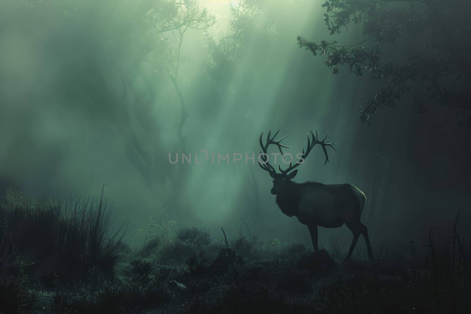 A high-definition image of a majestic elk with large antlers silhouetted against the fog in a dense forest. the early morning light filters through the mist, creating a mysterious and ethereal atmosphere. perfect for nature-themed designs or print.