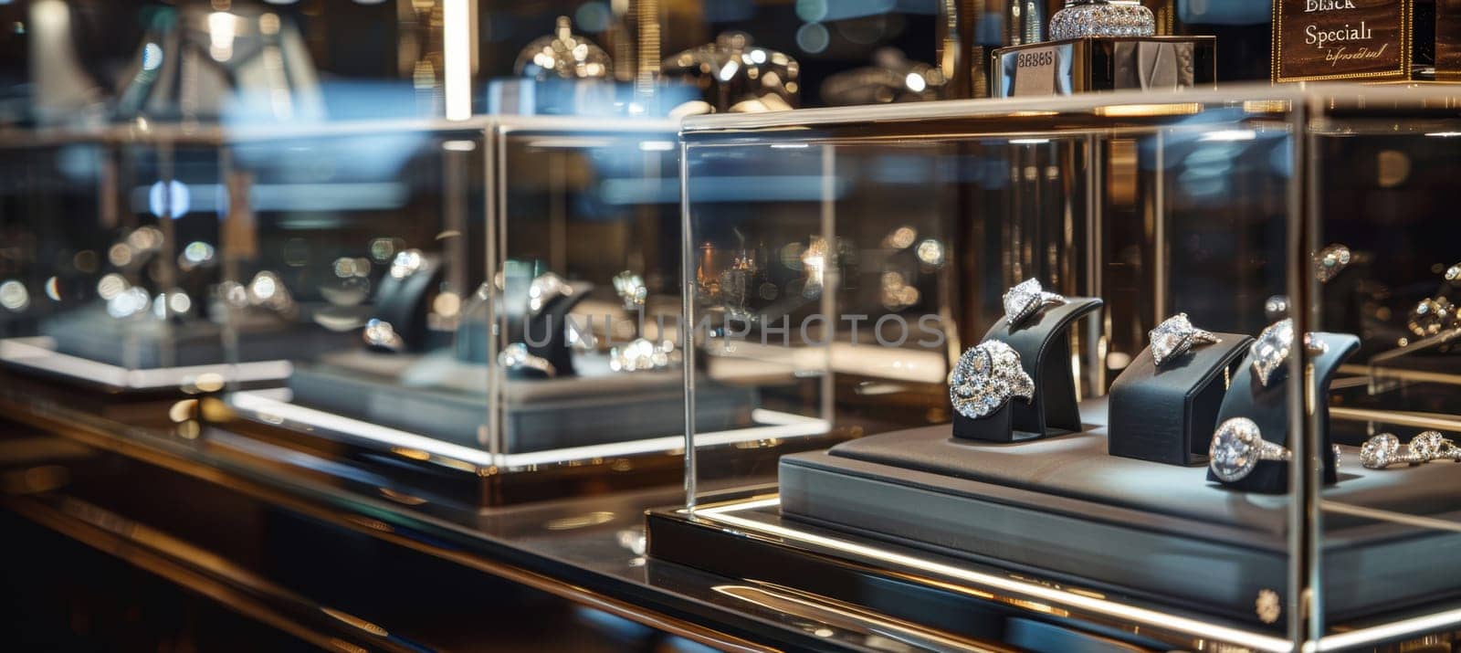 Luxurious jewelry store showcasing sparkling diamond rings and necklaces beautifully arranged in glass cases. subtle black friday special tags enhance the premium and exclusive ambiance.