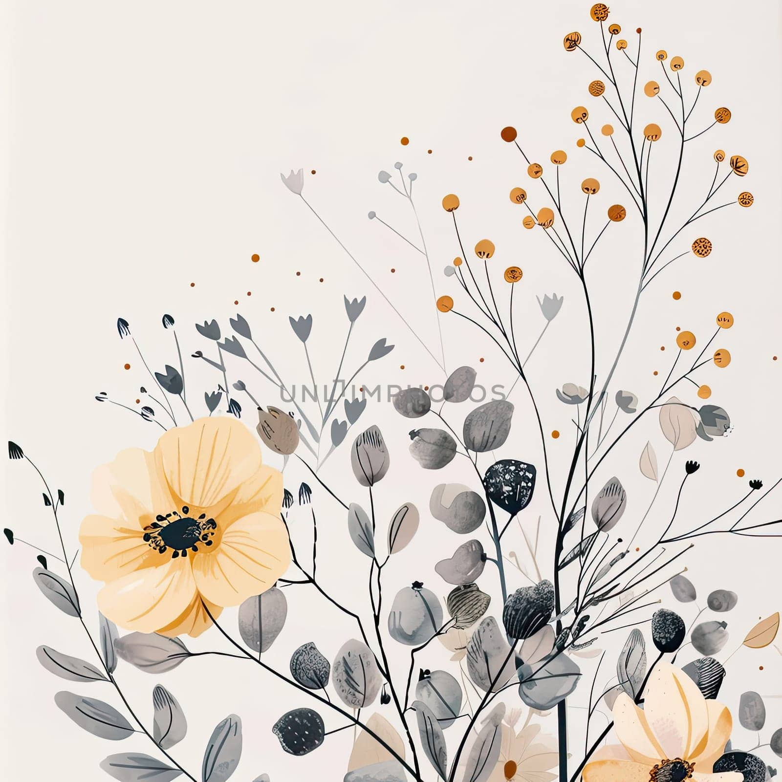 A serene composition showcases yellow flowers alongside delicate foliage, set against a light backdrop. The intricate details create a calming, artistic ambiance.