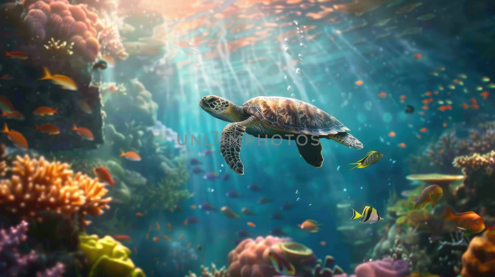 A stunning underwater scene featuring a sea turtle gliding peacefully through a vibrant coral reef. surrounded by colorful fish and illuminated by sunlight filtering through the water, the composition marine beauty and diversity.