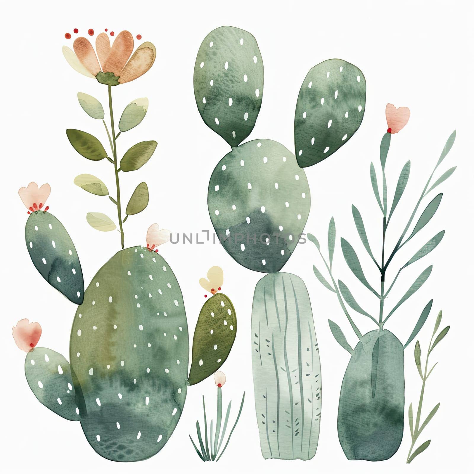 This artwork features charming cacti and succulent plants adorned with soft, colorful flowers, illustrating a peaceful natural composition in gentle tones.