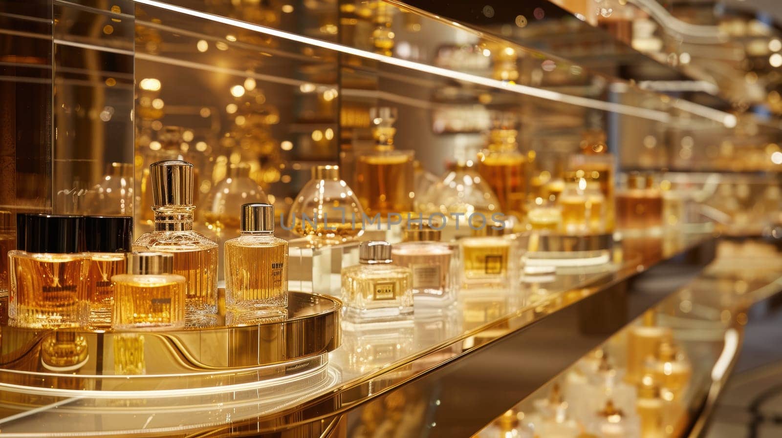 High-end retail display showcasing a cornucopia of premium perfumes and cosmetics, accentuating the luxurious packaging and elegant product design. the soft, glamorous lighting enhances the opulent ambiance, the sophisticated beauty of each item.