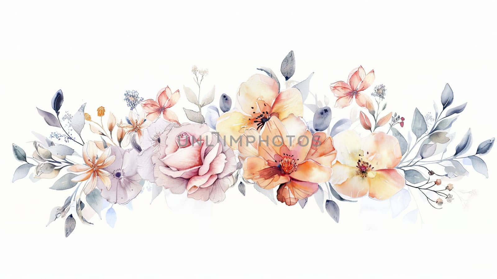 A beautifully crafted floral design features roses, peonies, and various blossoms in soft pastel colors, showcasing artistic elegance and tranquility.
