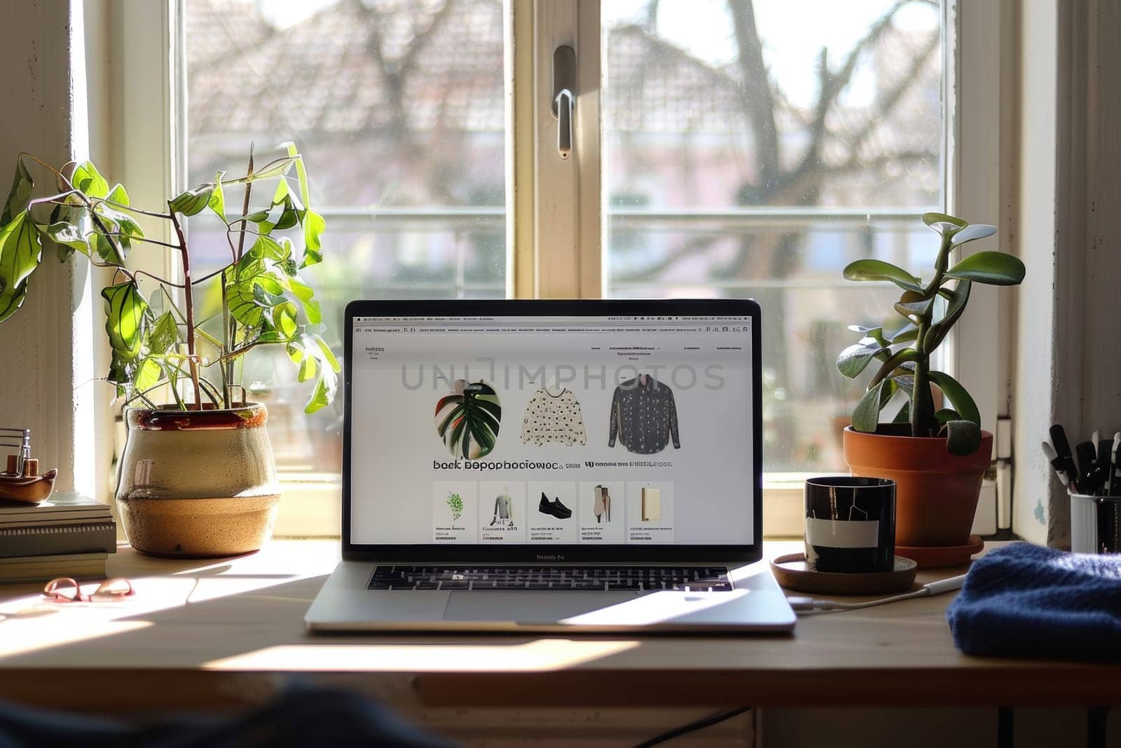 A minimalist home office setup featuring a laptop on a wooden desk, displaying a black friday sale on a fashion e-commerce website. natural daylight illuminates the room through a large window, the green potted plants on either side of the laptop.