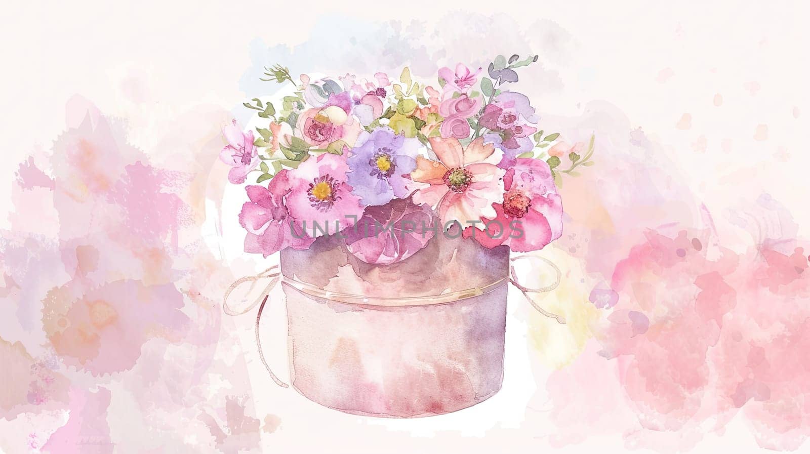 A floral arrangement featuring soft pink and purple flowers sits in a rustic bucket. The delicate watercolor style enhances the tranquil atmosphere, perfect for relaxation.