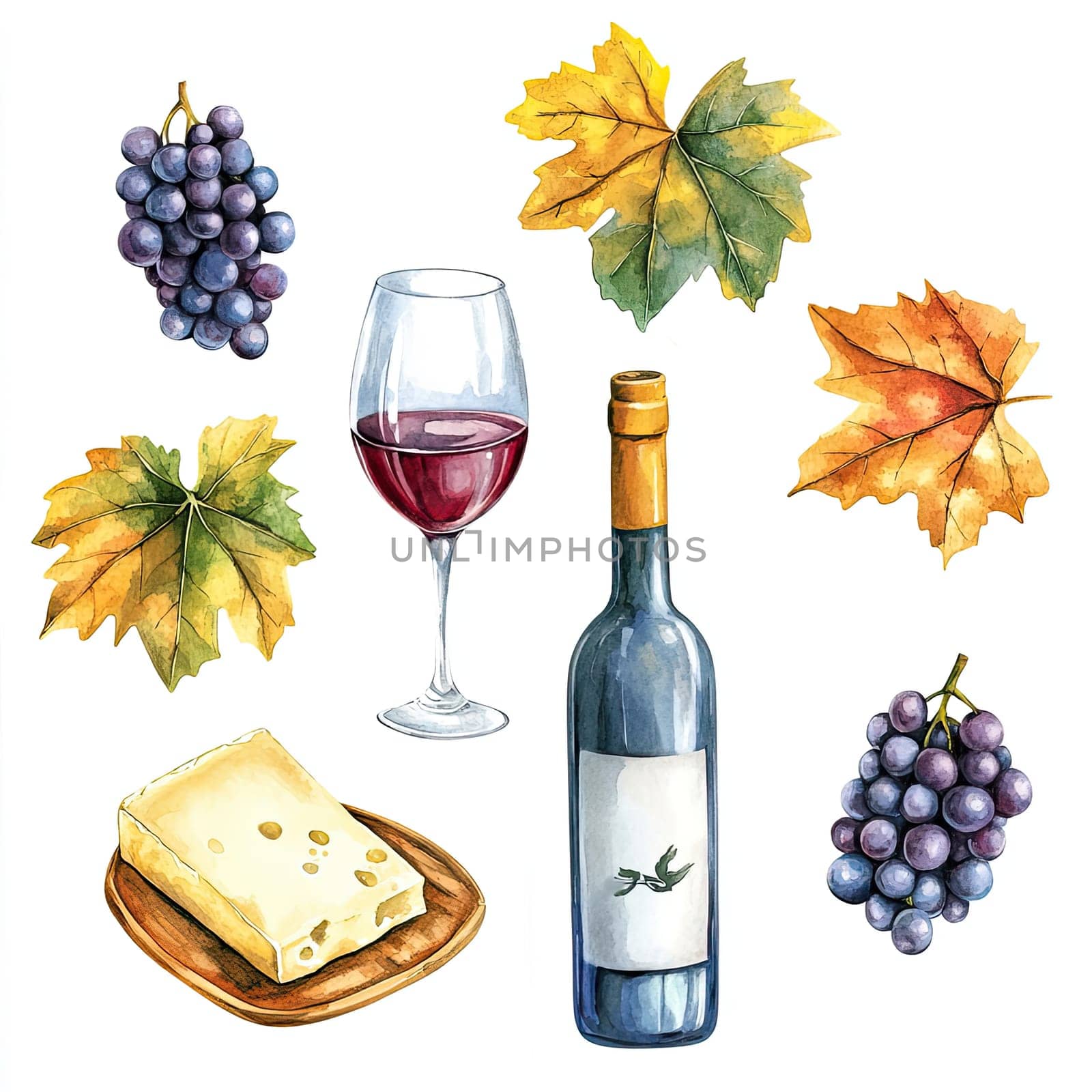 This artwork features two wine bottles, a glass of red wine, and a wooden barrel, all surrounded by clusters of grapes and vibrant autumn leaves, reflecting a vineyard's harvest.