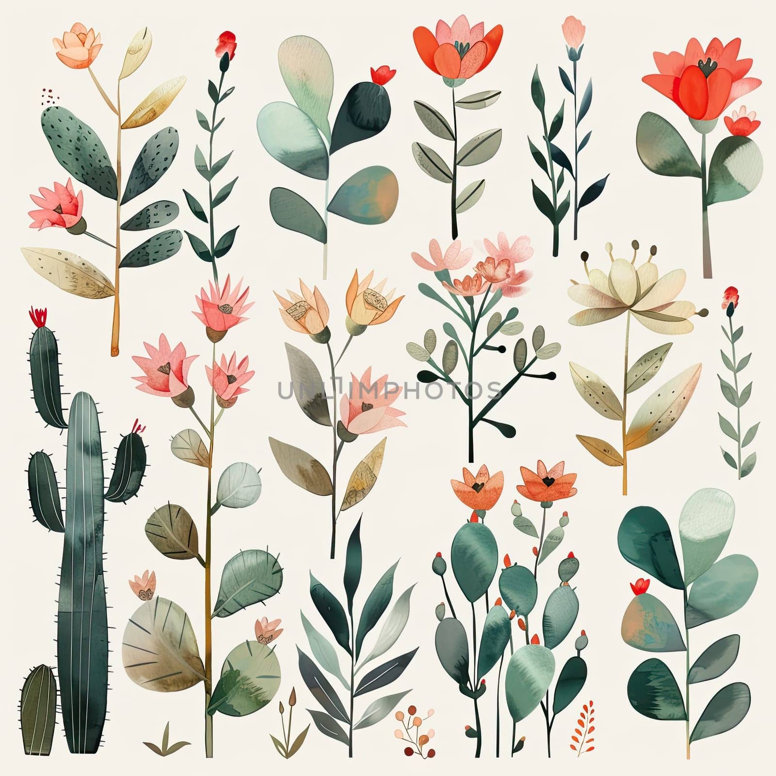 This artwork showcases a delightful assortment of flowers and plants, highlighting their diverse shapes and colors, creating a harmonious botanical display.