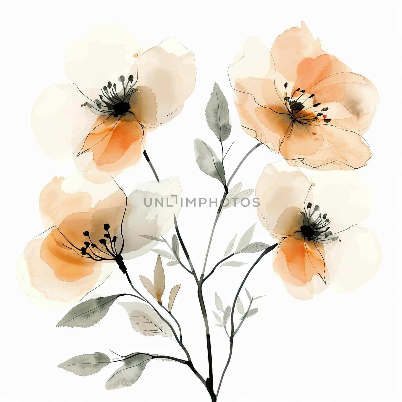 A cluster of four elegant flowers showcases soft orange and cream petals, accompanied by slender green leaves. The artwork exudes a sense of tranquility and romance.