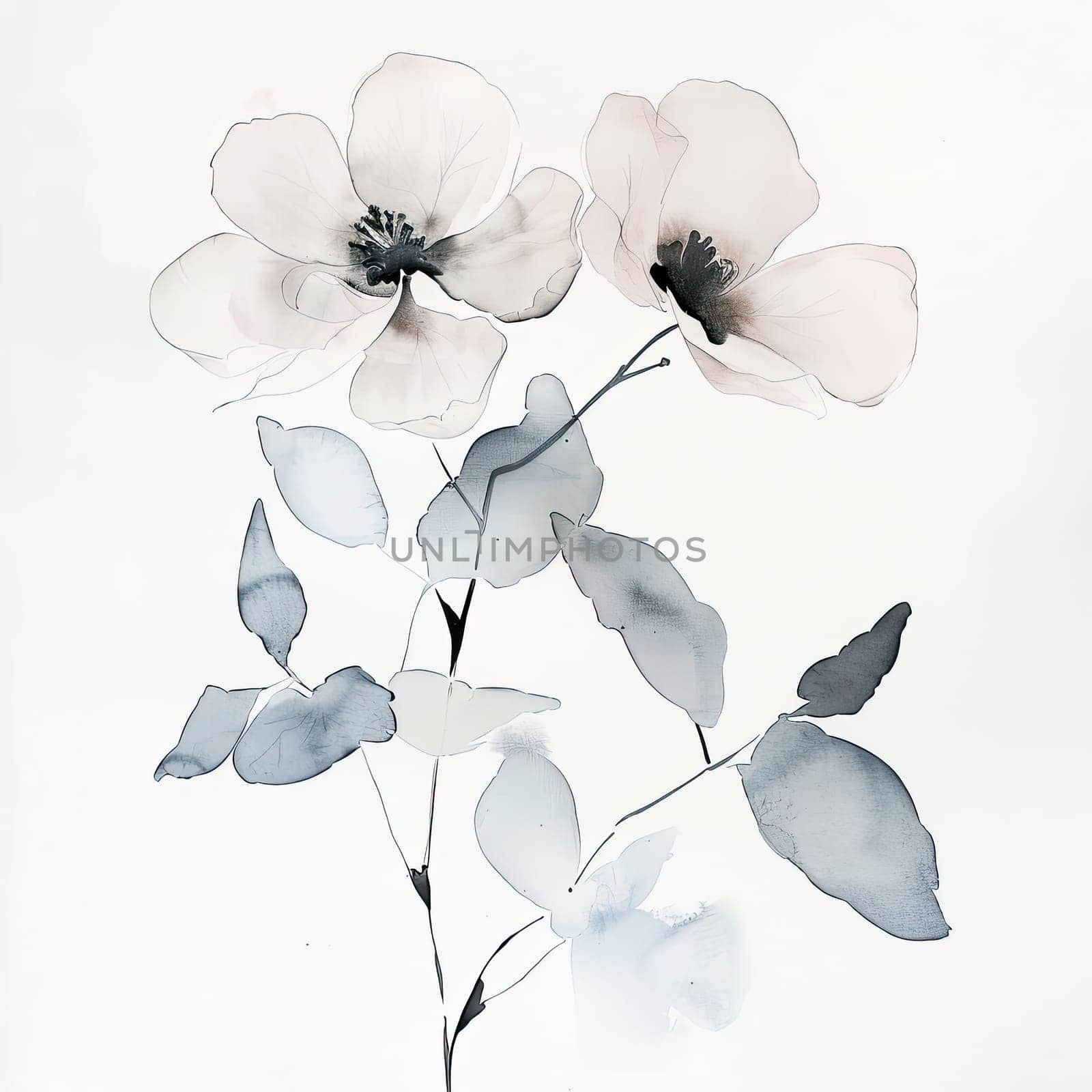 Beautiful, delicate flowers are depicted in soft watercolor tones, gracefully illustrated among gentle leaves, creating a serene and artistic arrangement.