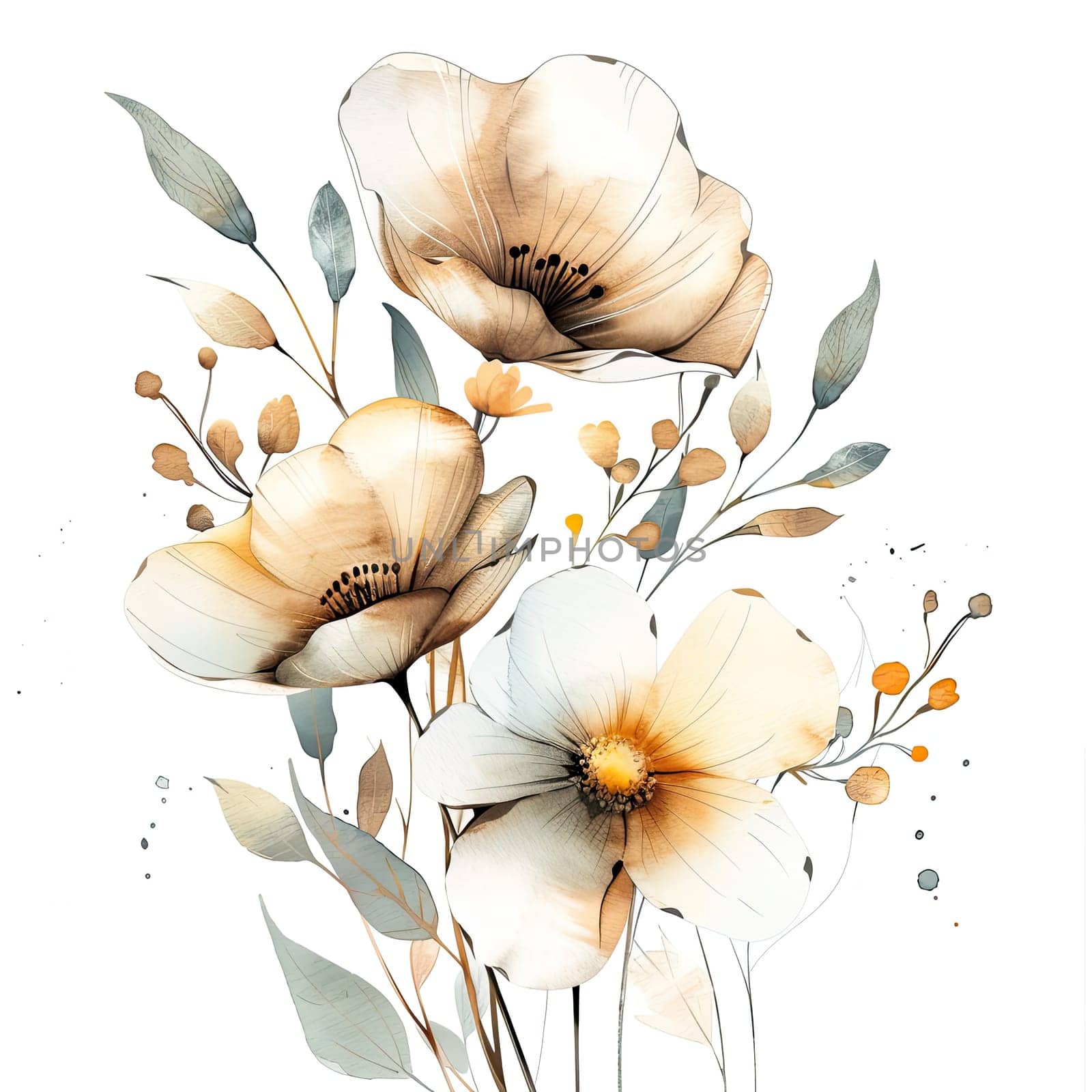 A charming arrangement of soft-toned flowers with elegant petals and gentle leaves creates a serene atmosphere. The delicate brushstrokes enhance the beauty of nature's design.