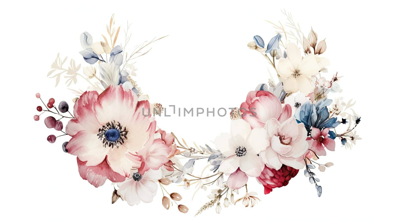 A captivating floral wreath composed of an array of colorful flowers and delicate leaves. The soft pastel hues create a serene and elegant display suitable for various occasions.