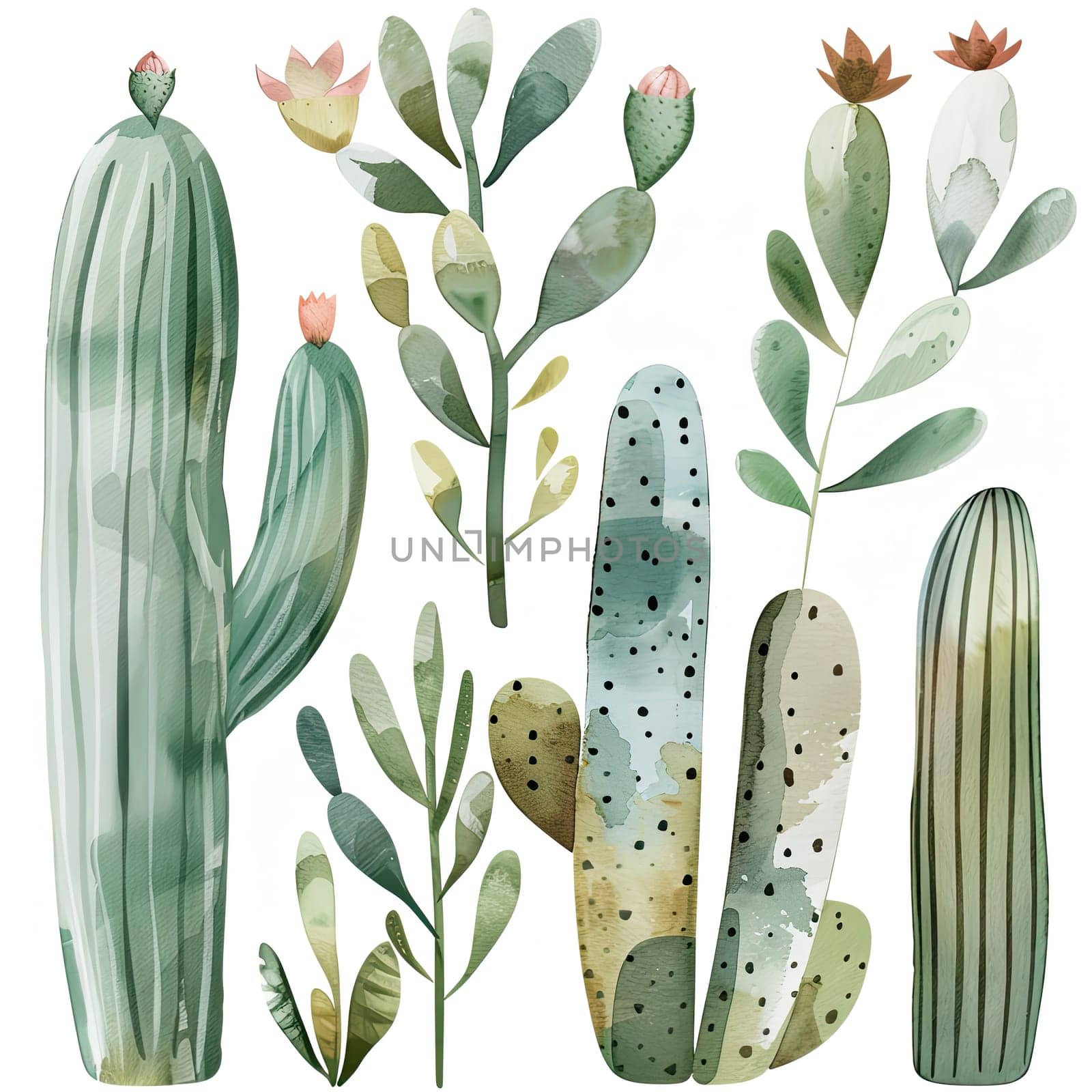 A collection of beautifully illustrated cacti and succulents features distinct shapes and colors, set against a simple background that highlights their details.