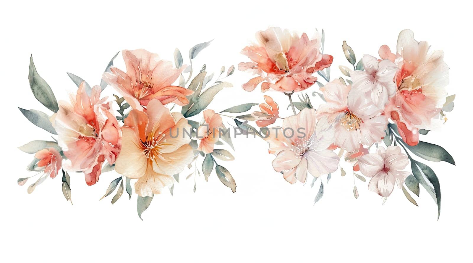 Delicate blossoms of peach and white flowers nestle among lush green leaves, creating a serene and elegant floral arrangement perfect for spring decor.