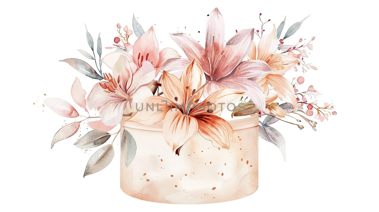 A charming display of pastel lilies and delicate foliage creates an inviting atmosphere, perfect for enhancing home decor or special events.