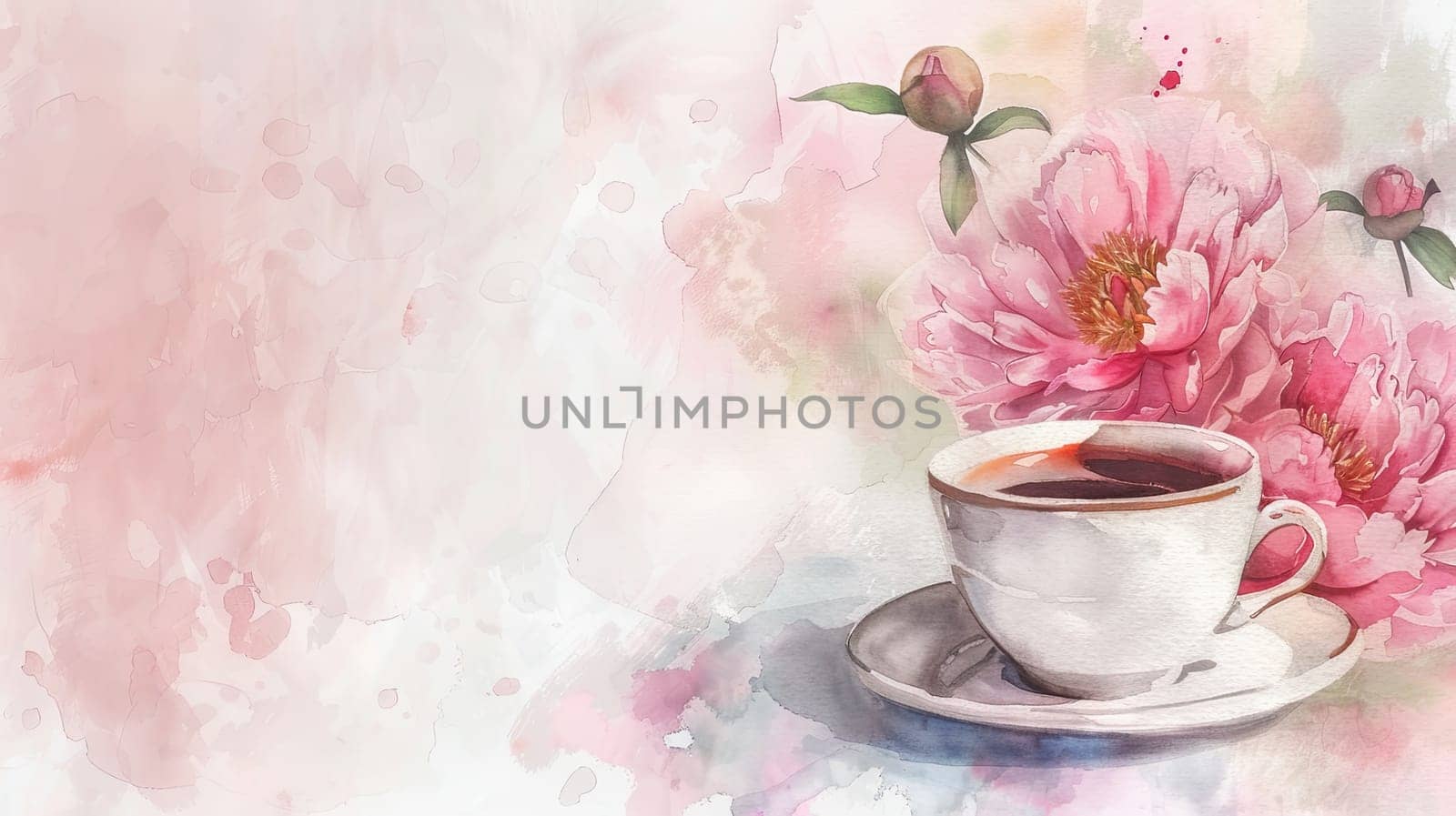 A beautifully arranged teacup filled with tea rests beside vibrant peony flowers, creating a gentle and calming ambiance perfect for afternoon relaxation.