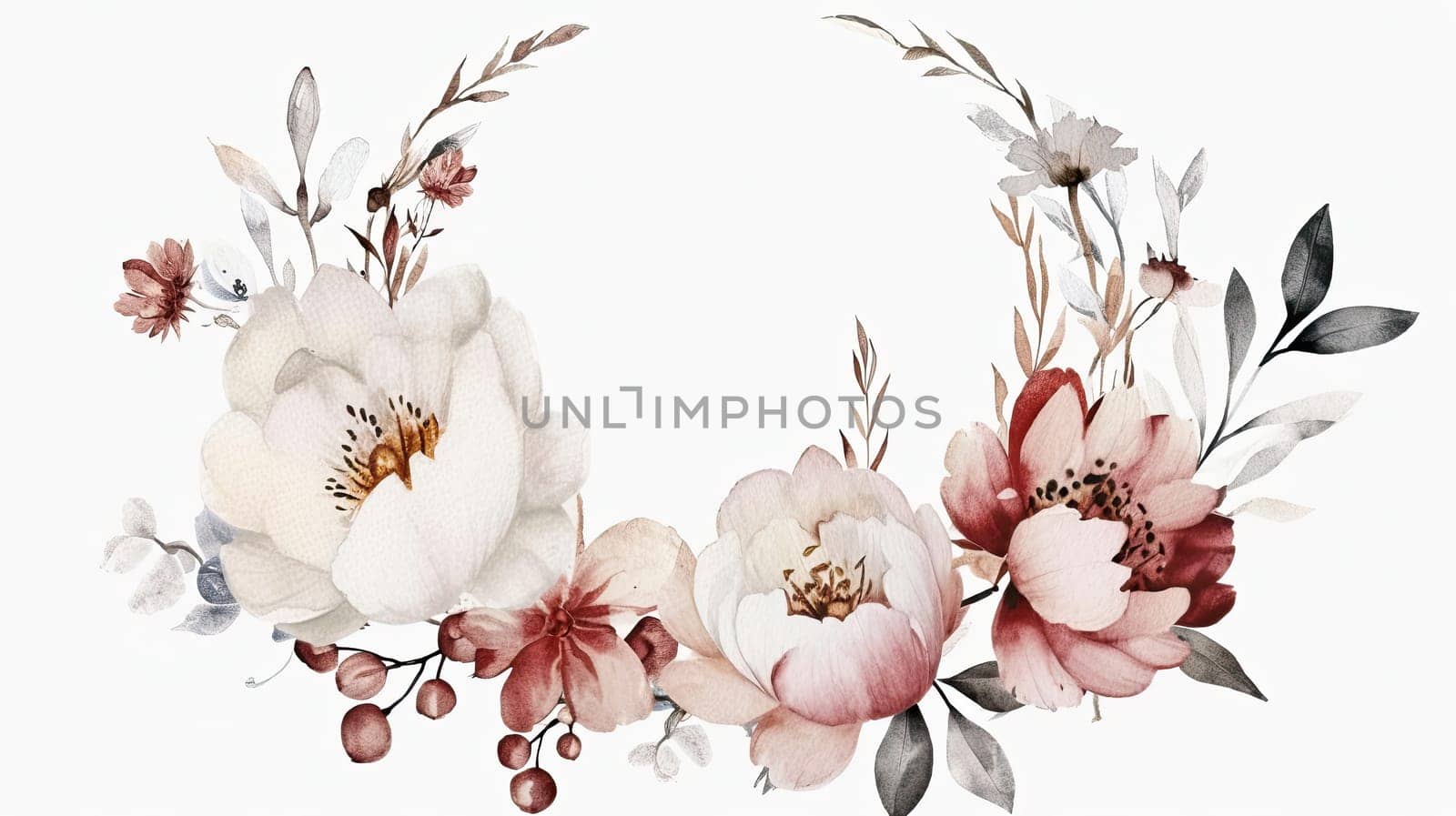 A beautiful arrangement of soft pastel flowers including peonies and delicate foliage creates a serene and elegant visual. Ideal for invitations or decor.