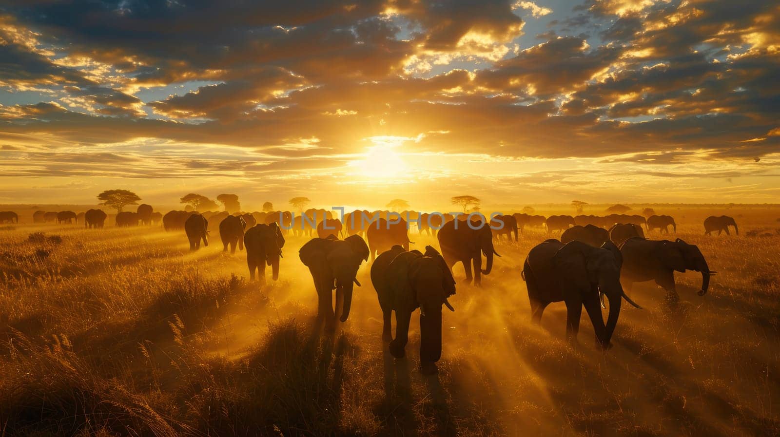 A herd of elephants walks majestically across a vast african plain at dawn. the rising sun casts a golden glow over the landscape, creating stunning silhouettes of the elephants against a dramatic sky with scattered clouds.