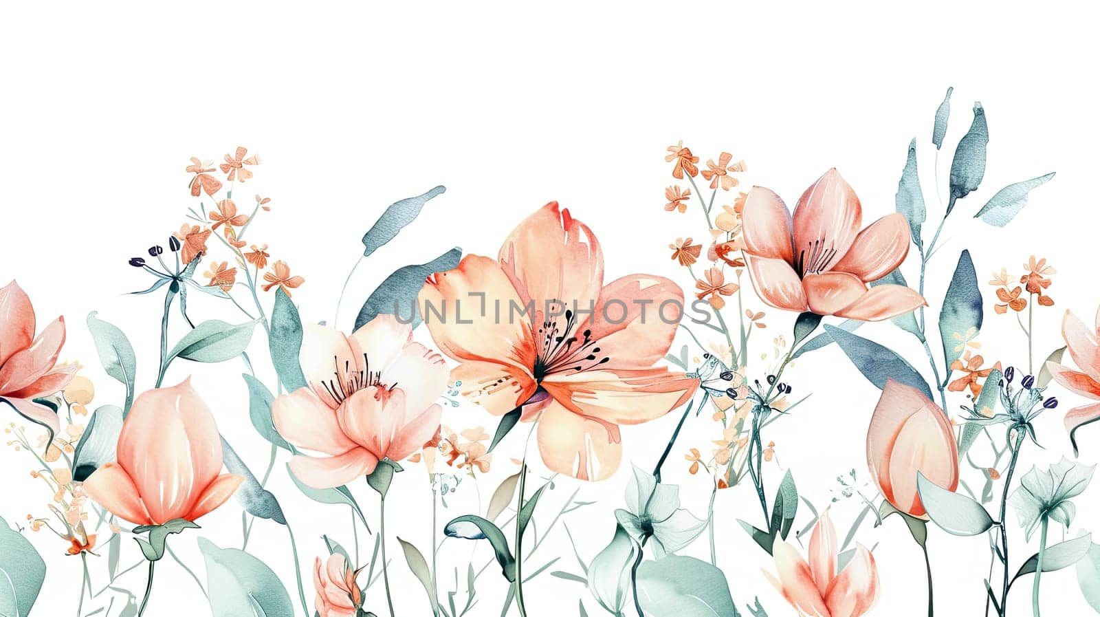 This artwork showcases a vibrant arrangement of blooming flowers in soft peach and pink hues, beautifully intertwined with greenery, creating an elegant and fresh ambiance.