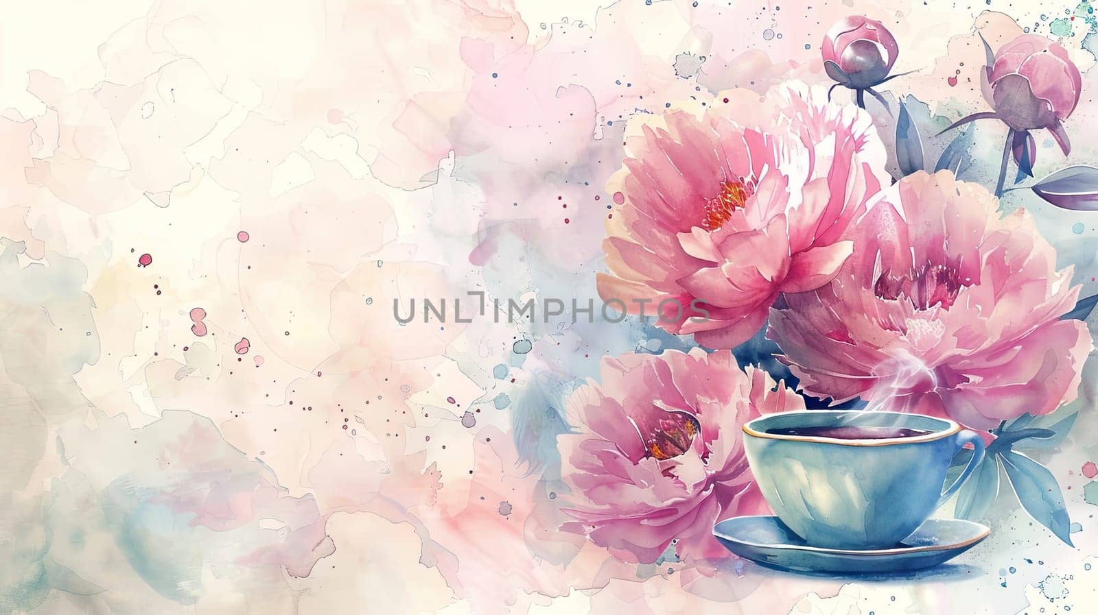Delicate pink peonies frame a tranquil scene where a steaming cup of tea rests gently against a soft watercolor backdrop, inviting peace and relaxation.