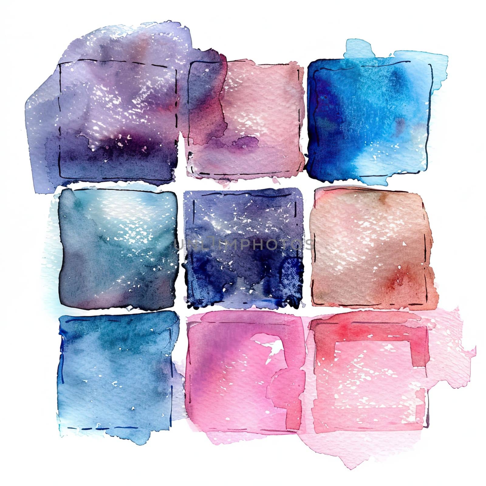 A grid of nine watercolor squares displays a range of colors including blue, pink, purple, and peach, each showing unique textures and blends against a clean background.